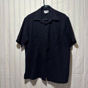 Black Alfani Mens Short Sleeve Button Up -  Polyester - Korea - Vintage - Large